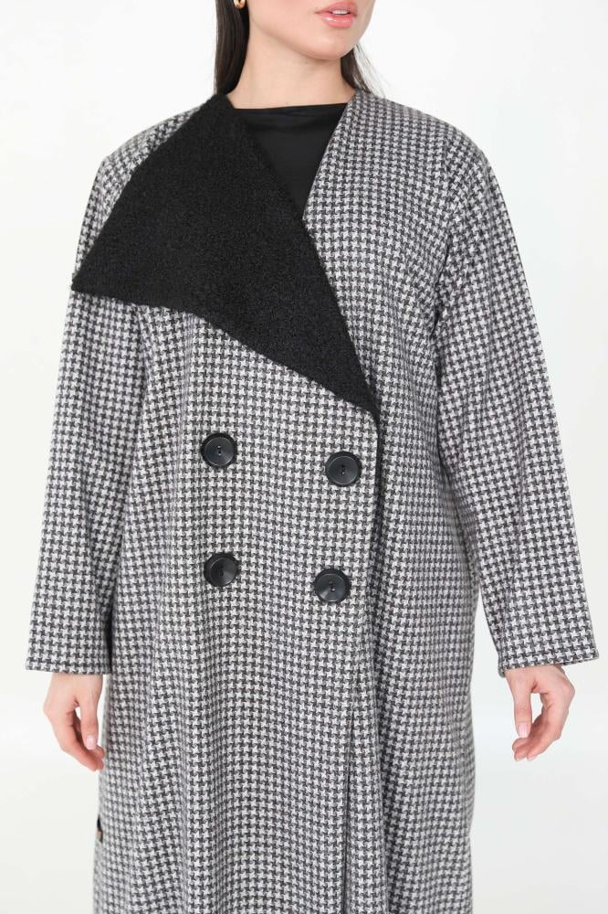 كوت شتوي كاروهات بياقة فرو - Καρό