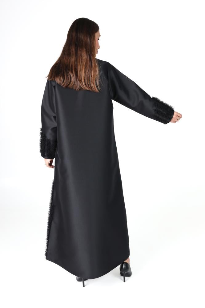 Luxurious black taffeta abaya with tulle trim - Linai