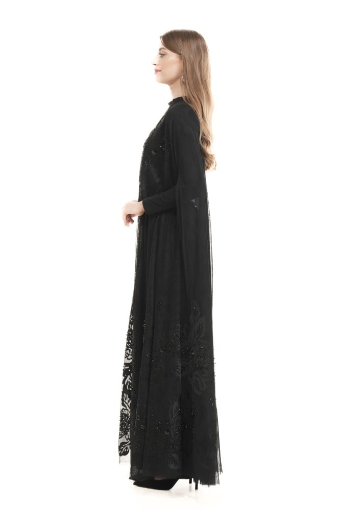 عباية سوداء تل مطرزة بالخرز الأسود - Black Beads