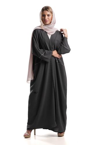 عباية رمادي مخضر مزينة بخيوط بيج مع بنطلون - Amila