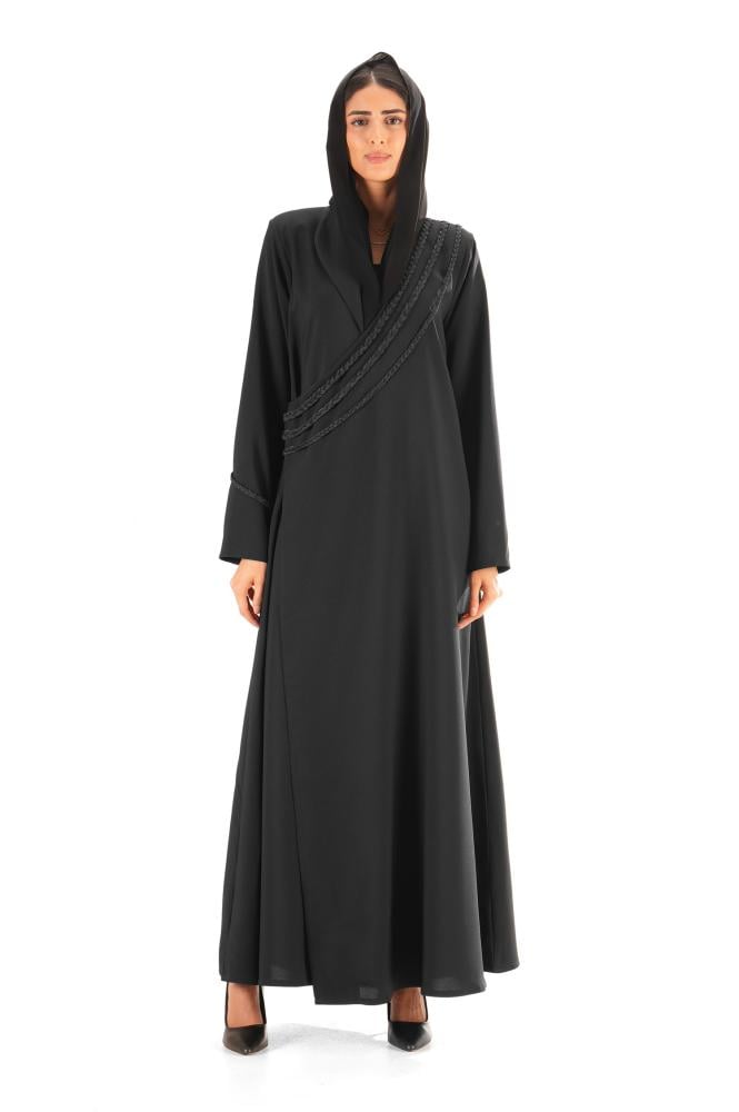 عباية بليزر سوداء كريب زينت بثلاث جدائل - Turaath