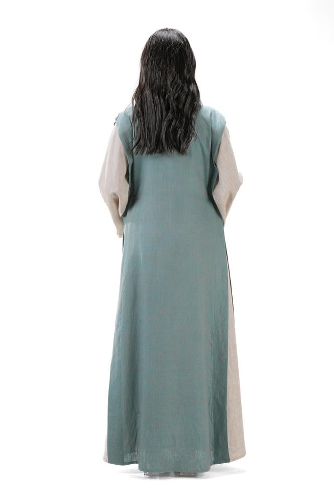 عباية بيج صيفية لينن بتدخيلة لون تيفني بربطات جانبية - DualWear