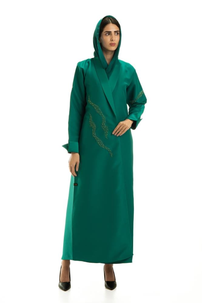 عباية خضراء تفتة فاخرة بتطريز ناعم - Viana