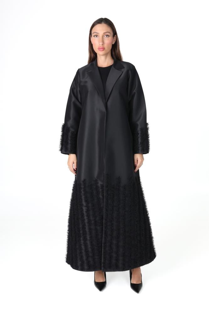 Luxurious black taffeta abaya with tulle trim - Linai