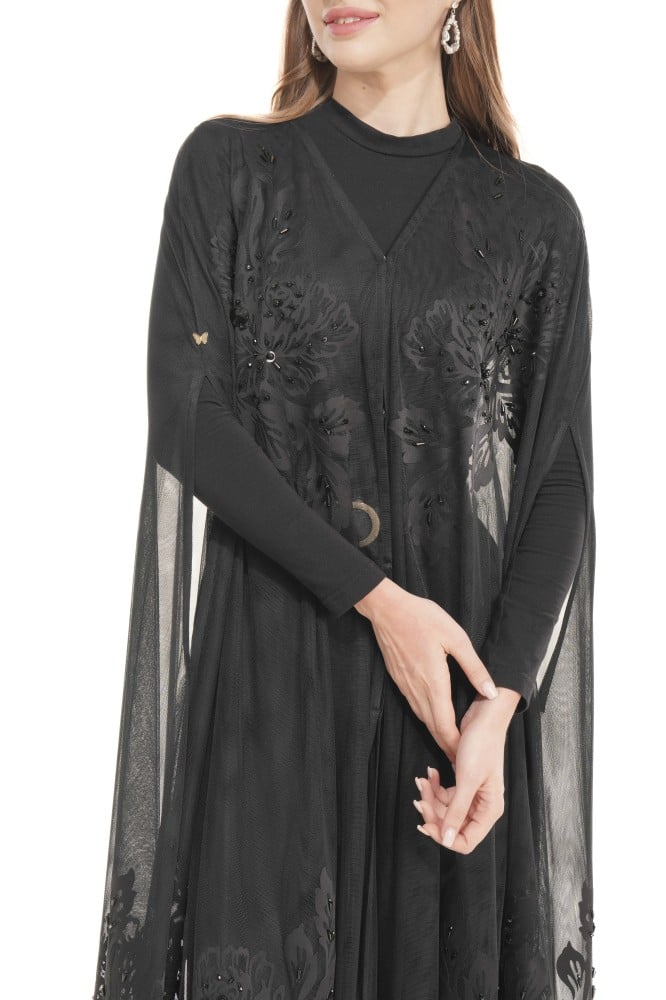 عباية سوداء تل مطرزة بالخرز الأسود - Black Beads