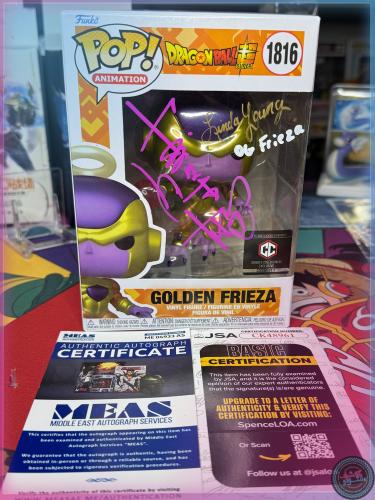 Funko Pop! DBS Golden Frieza #1816 Chalice Collectable Triple Signed by Ryusei Nakao + Linda Young + Damian Mills + MEAS & JSA COA