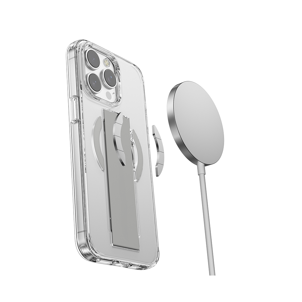 كفر ايفون 15 برو شفاف مع مسكة فاخرة تدعم الشحن اللاسلكي الماج سيف لون بني