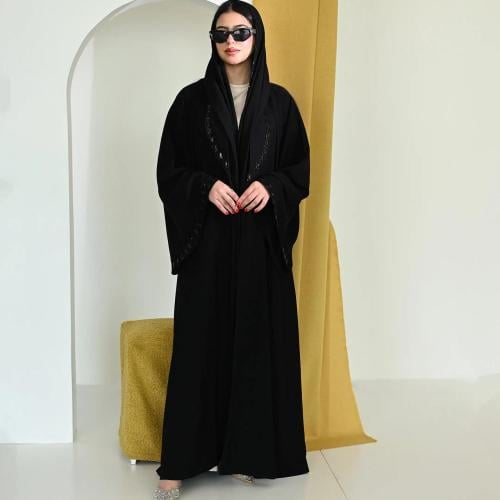 عباية أسود بأكمام فرنسية شك يدوي مع شيلة