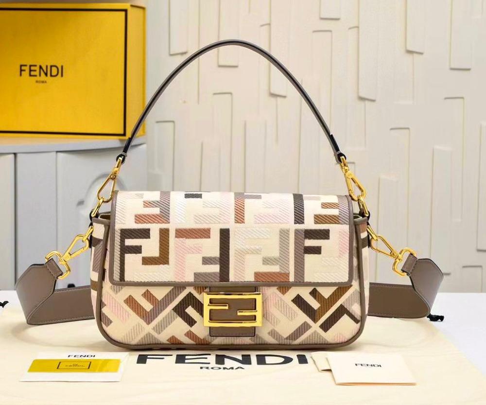 Fendi Baguette Embroidered Bag with FF Embroidery in Beige Brown