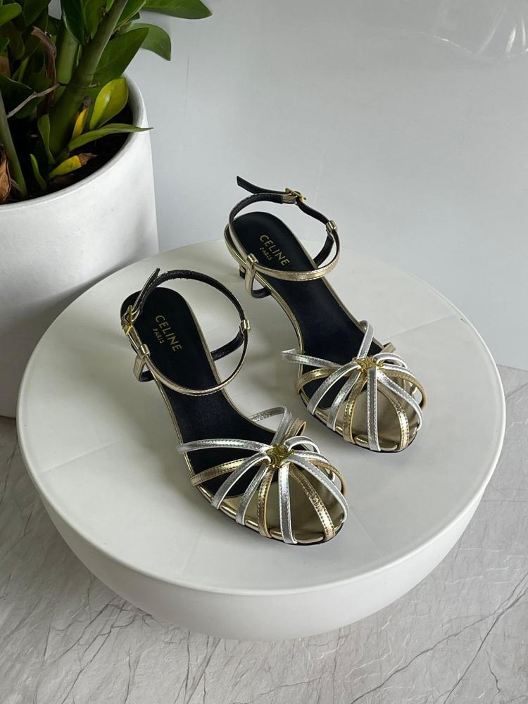 Celine Triumph Silver Gold Metallic Mid-Heel Sandal - E