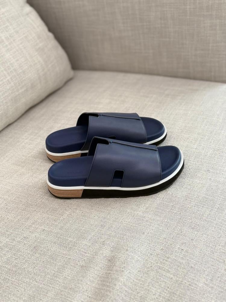 Hermes Baron Men's Luxury Leather Slipper in Navy E-SEVEN STORE