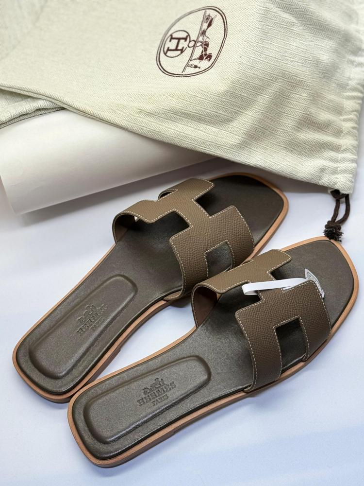 Hermes Women's Orat Slippers, Brown, Wood, Luxury Leather
