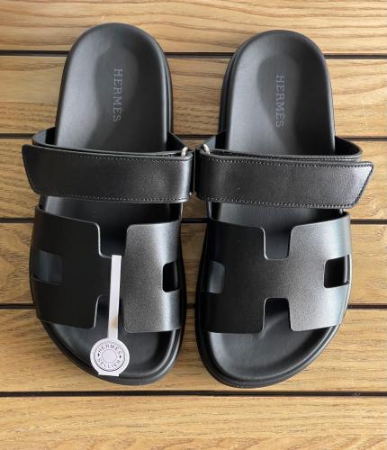 Hermes Shaper Men's Strapless Sandal in Black and Honey Leather
