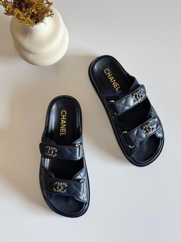 Chanel Women's Black Leather Flat Slipper Open Sandal - E-SEVEN STORE
