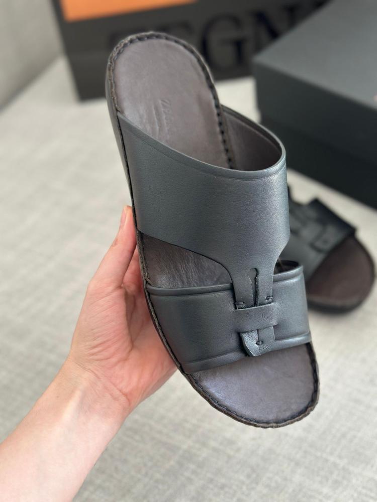 Zegna men's open sandal, leather flip-flops, black - E-SEVEN STORE