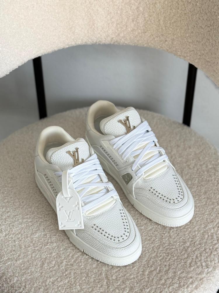 LV Trainer Men's White Leather Lace-Up Shoes