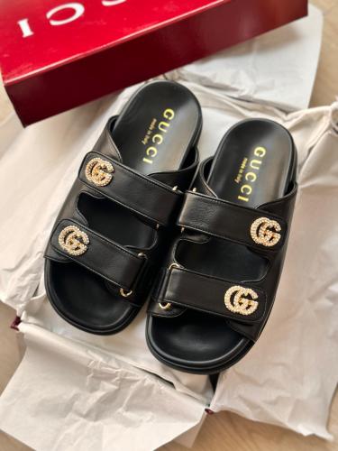 Gucci Women's Open Sandal Luxury Leather Black Gold Logo E-SEVEN