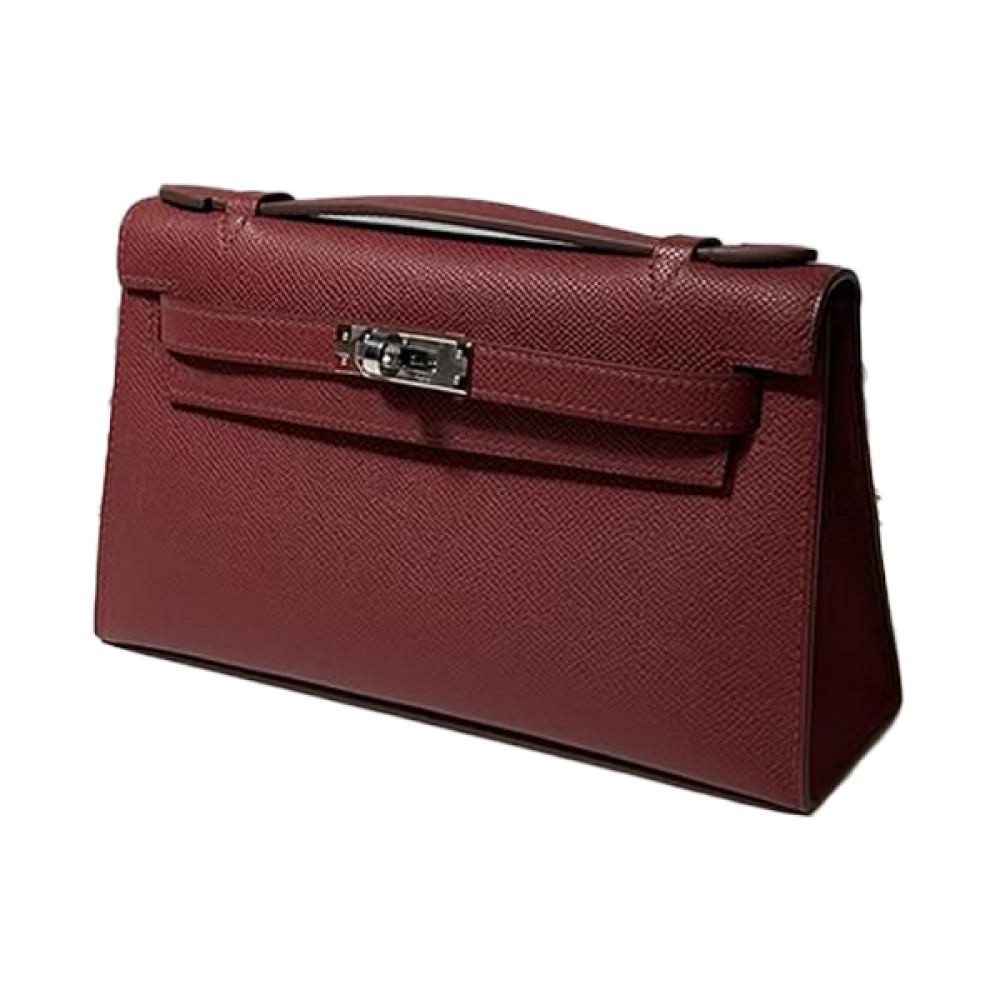 Hermes Kelly pouch in luxurious brown leather and silver metal