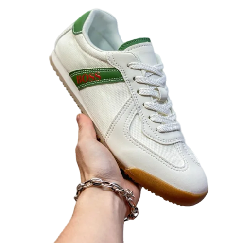Men's Boss Sneakers, White with Green Embroidery - E-SEVEN STORE