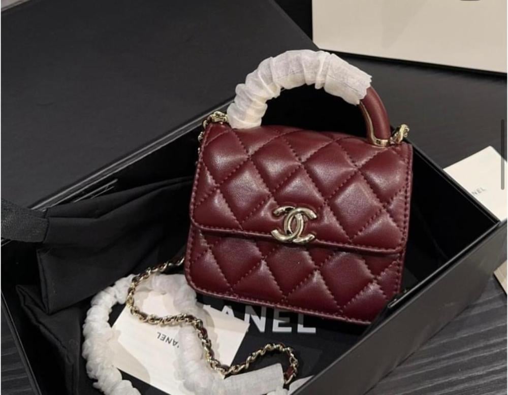 Chanel 12cm Square Small Flap Handbag in Burgundy - E-SEVEN STORE