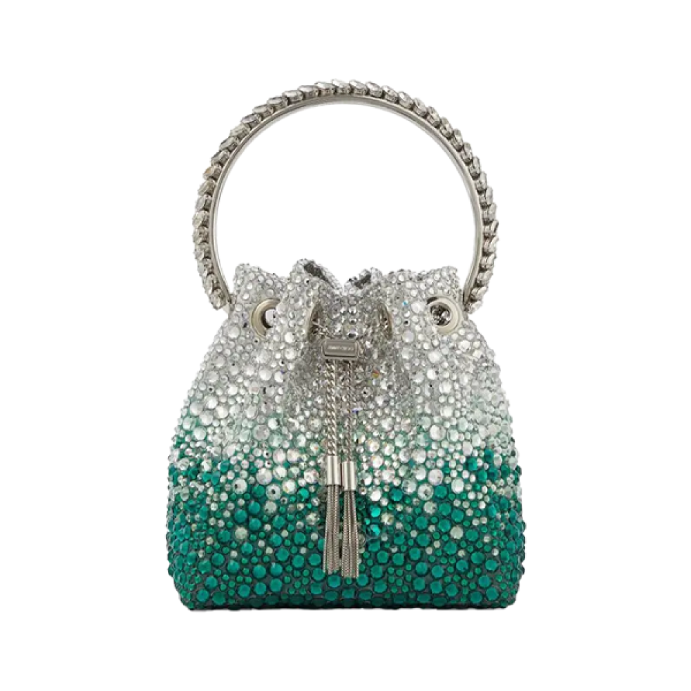 Jimmy Choo Bon Bon bag with metal handle and green and silver crystals