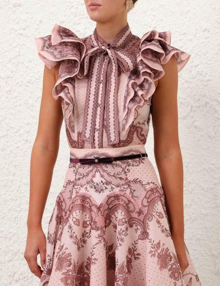Zimmermann Midi Skirt and Pink Printed Crush Top Set - E