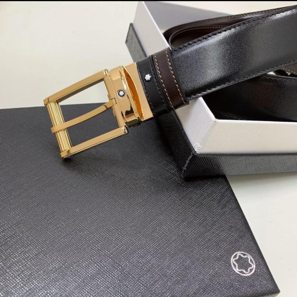 Montblanc Men's Classic Black Belt with Luxury Gold Buckle