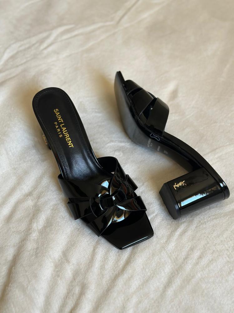 サンローラン Hills Saint Laurent Women's Black Shiny High Heel Sandal - E