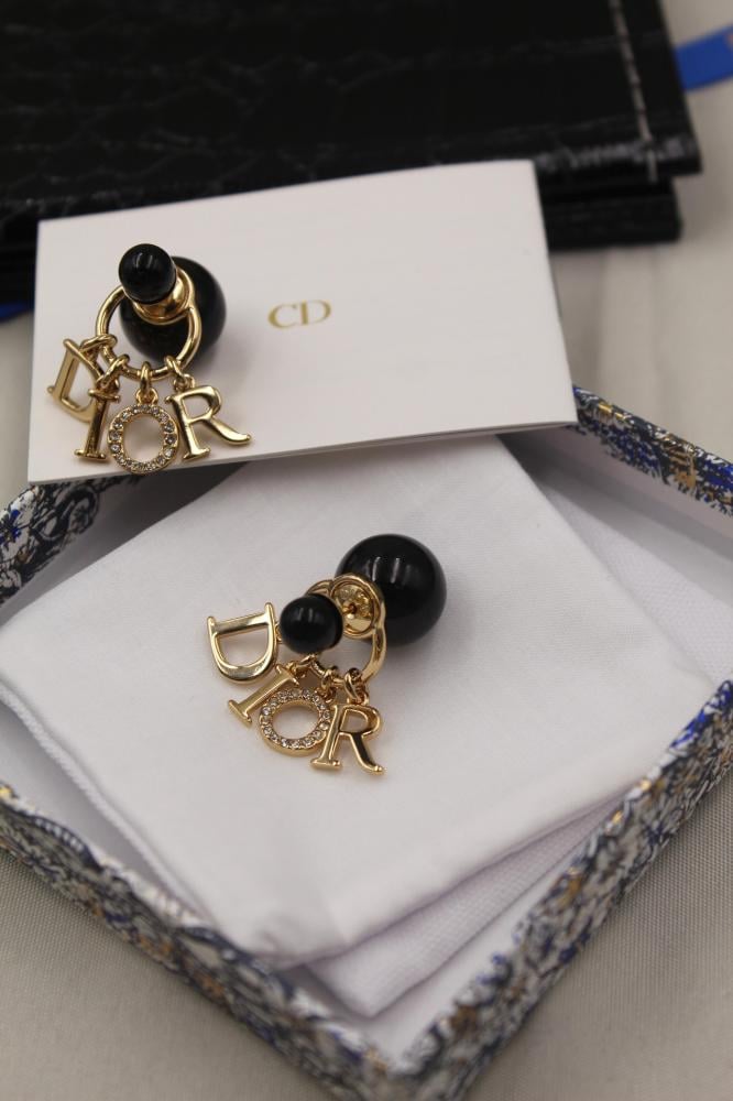 Dior Tribalis Women's Earrings Black with Gold Metal Brand Name