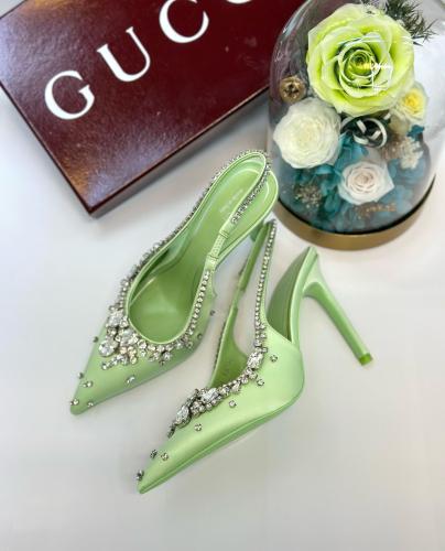 ローズ Gucci Kiwi Green Studded Slingback Satin Sandal - E-SEVEN STORE