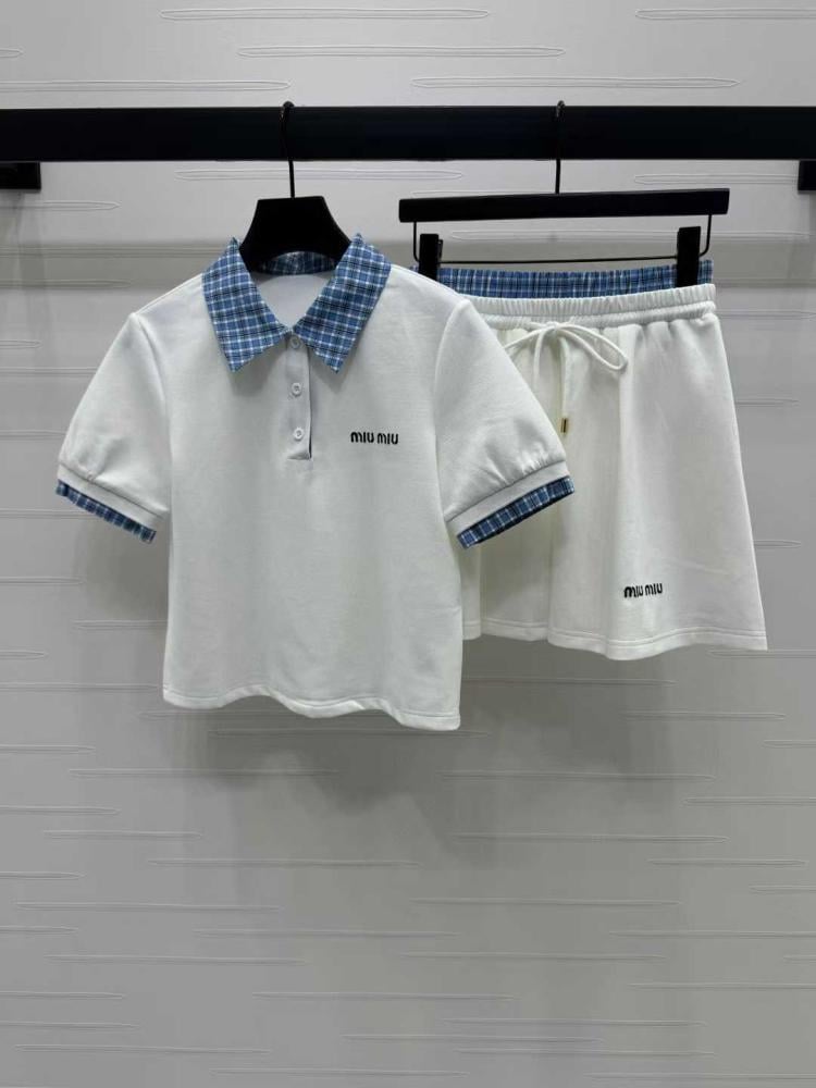 Miu Miu Women's Daily Skirt Set with White and Blue T-Shirt