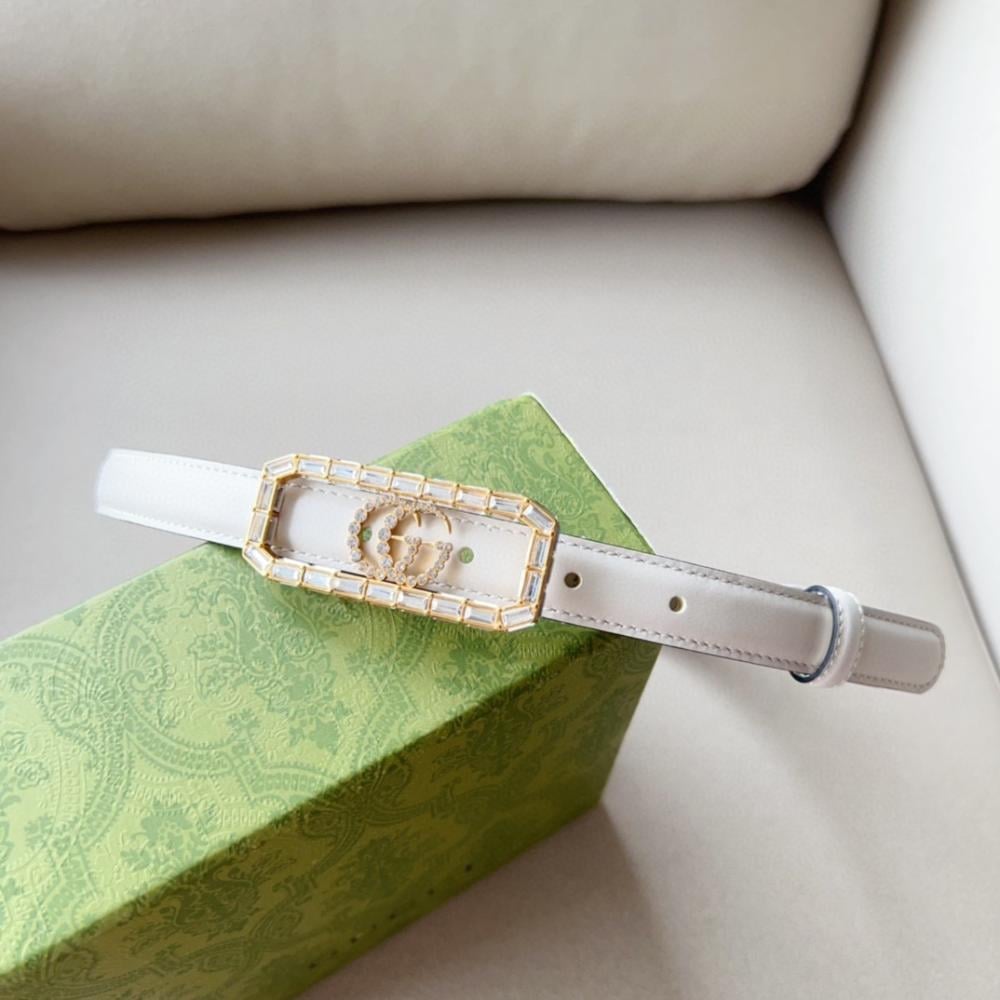 Gucci Women's Luxury Leather Belt in White with Square Crystal