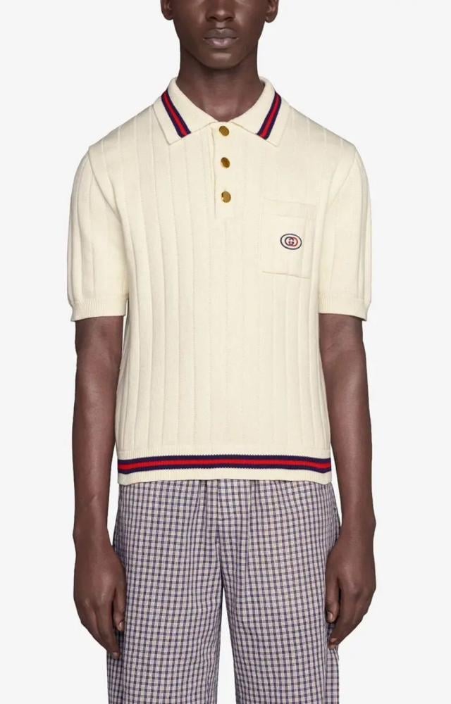 Gucci Men's Beige Polo Neck Blouse with Red Stripes