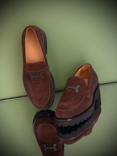 Hermes Men's Brown Suede Loafers with Brand Logo | ESEVEN STORE