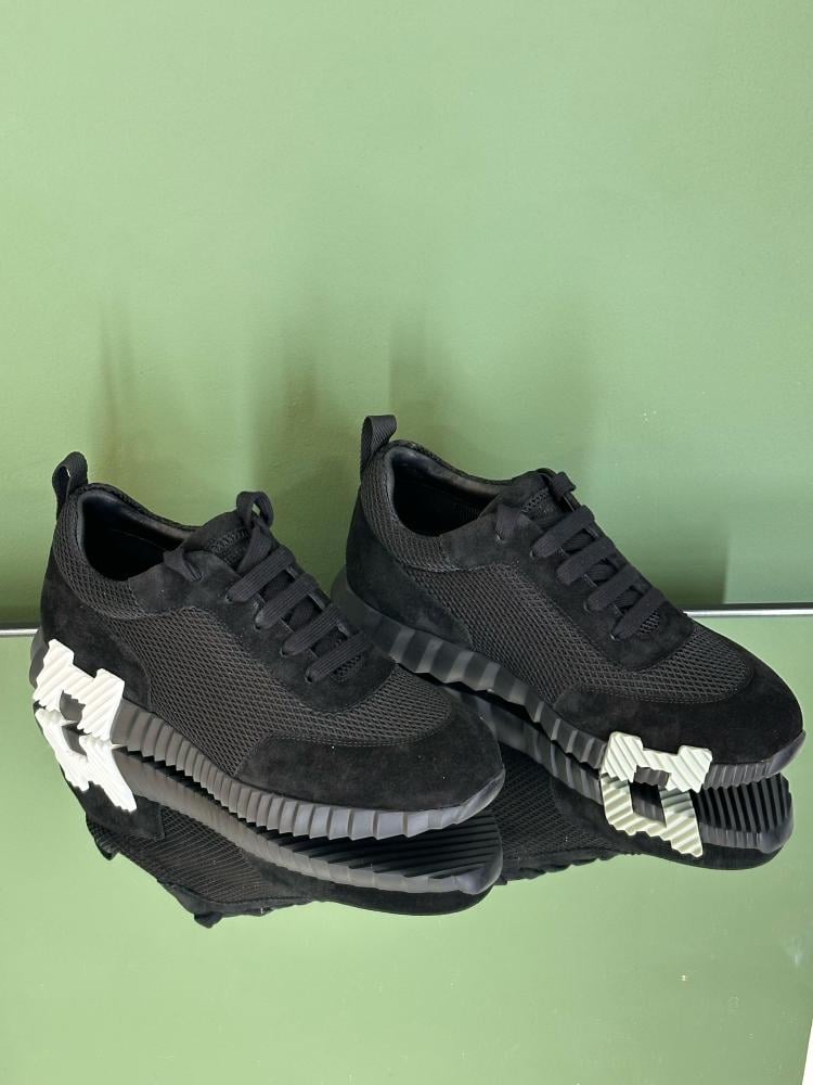 Hermes Men's Bouncing Mesh Black Sneakers with White Logo
