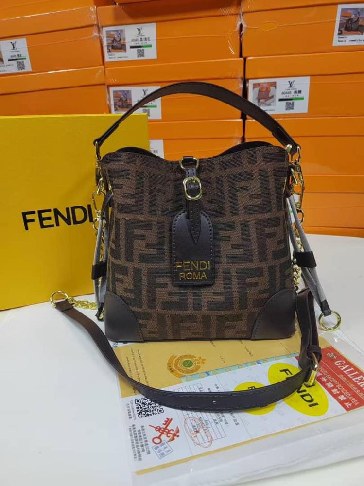 Y  Fendi bucket bag, brown color, FF pattern, and leather trim
