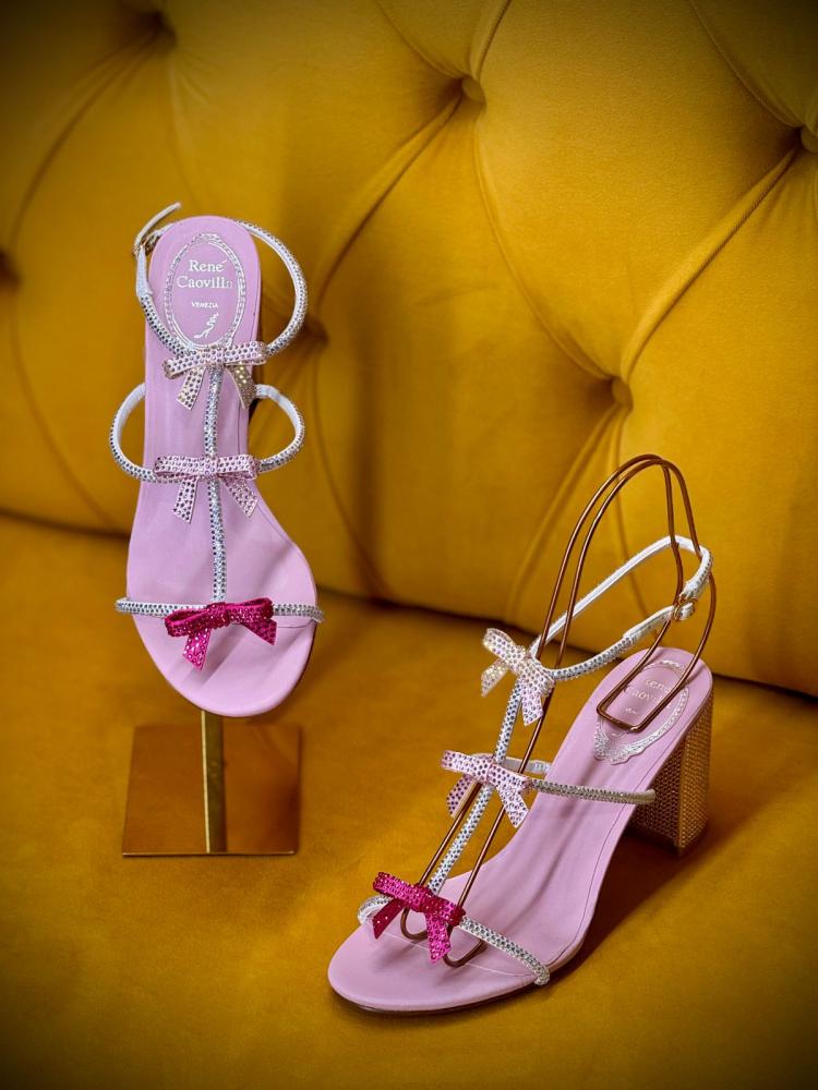 René Caovilla Caterina evening sandal in pink with pink bows