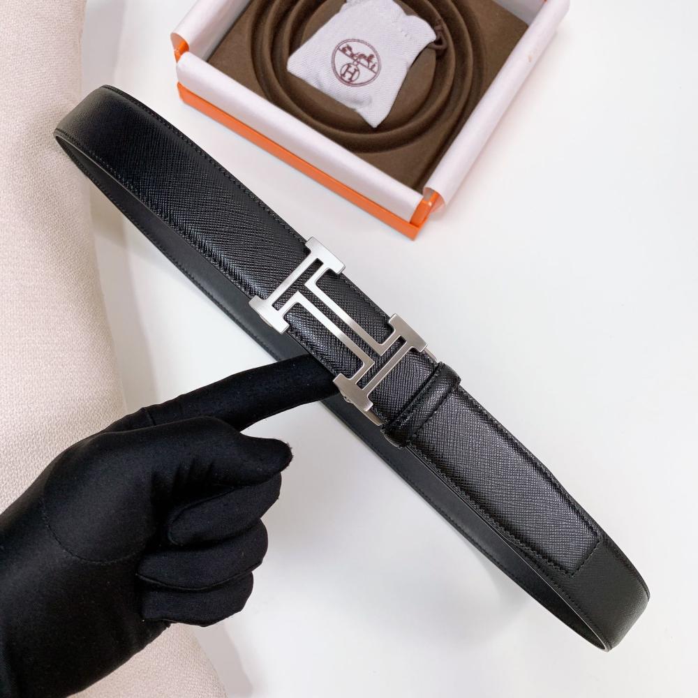 HERMES ベルト Hermes Men's Belt, Black Leather, Silver Logo - E-SEVEN STORE