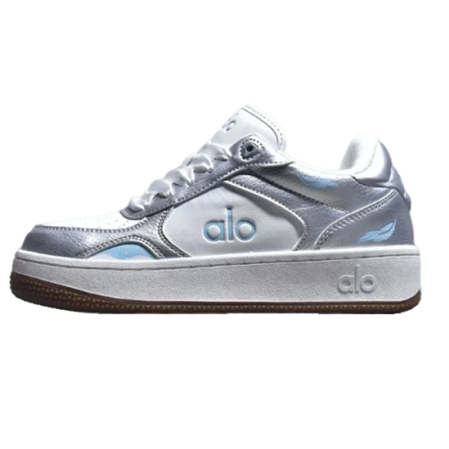 Women's Alo Yoga Flat Sneakers in Metallic Silver White Blue - E