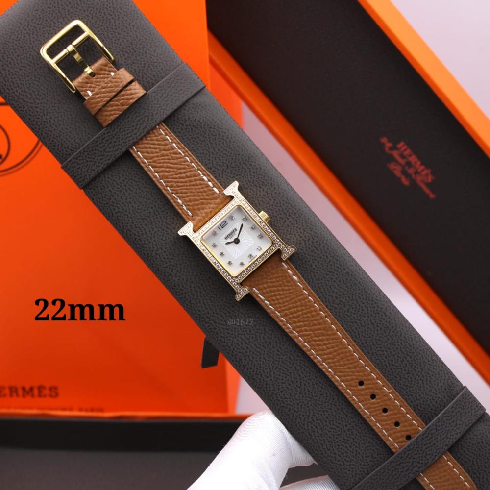 Hermes H Women's Watch, Brown Leather, Gold Studded Bezel