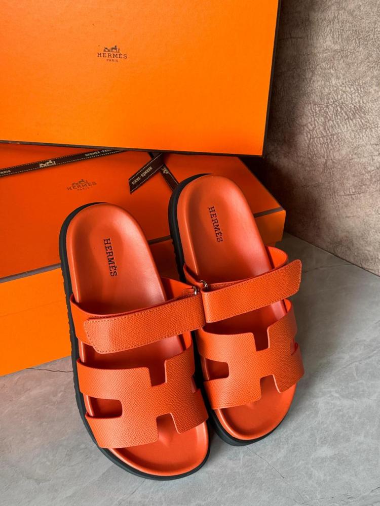 Hermes Shaper Women's Leather Flat Slippers, Orange - E-SEVEN STORE