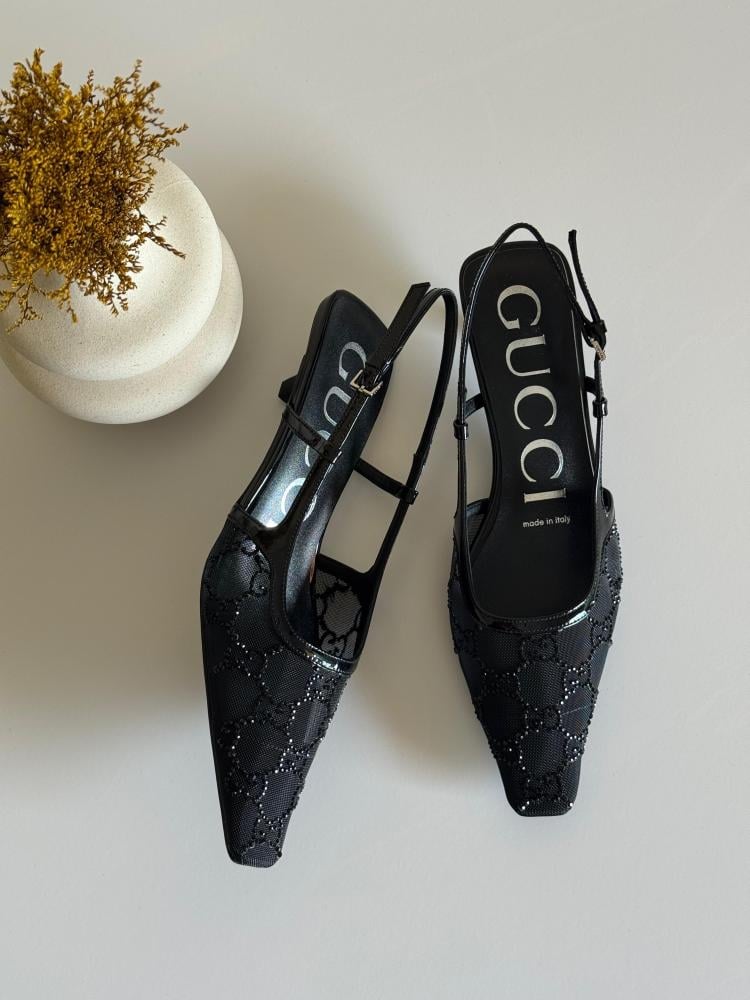 Gucci GG Logo Embellished Mid-Heel Sandal in Black E-SEVEN STORE