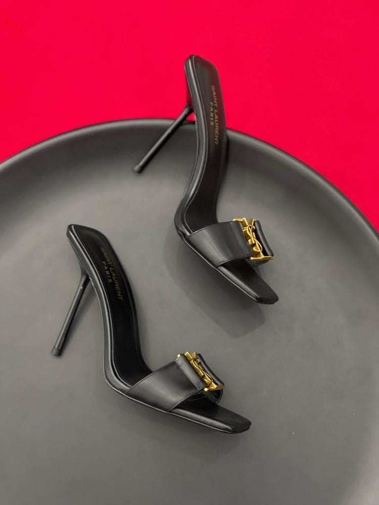 Yves Saint Laurent black leather strapless high heel sandal
