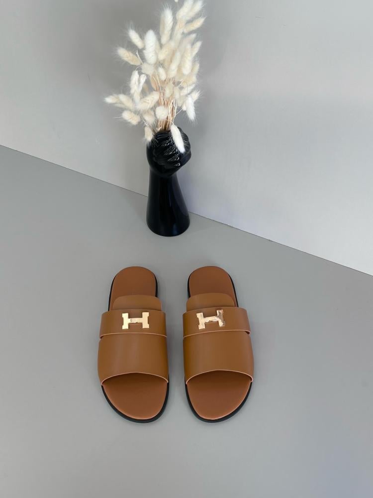 Hermes Men's Slippers, Luxury Leather, Brown, Elegant, Metallic Logo
