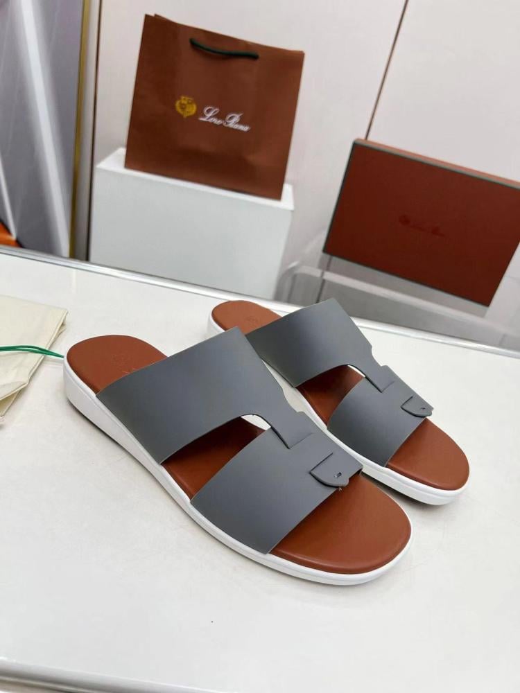 Loro Piana Men's Grey Leather Slippers E-SEVEN STORE