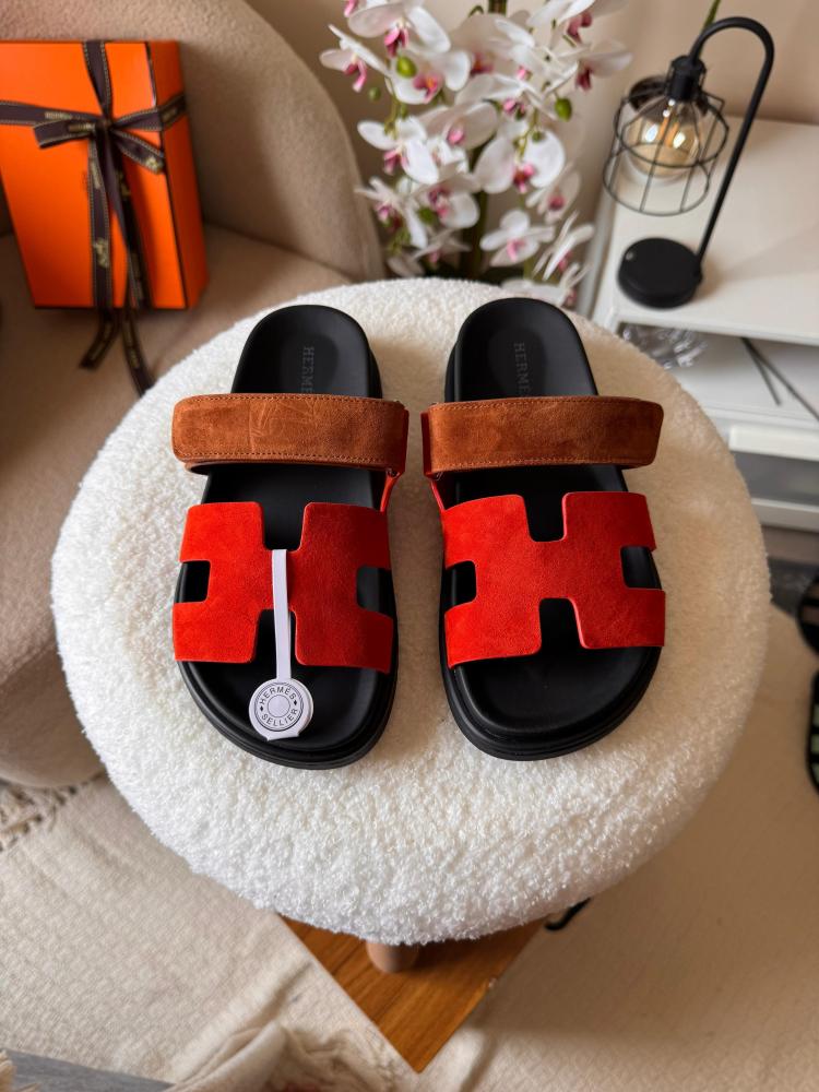 Hermes Shaper Suede Flat Slippers in Orange and Honey - E-SEVEN STORE