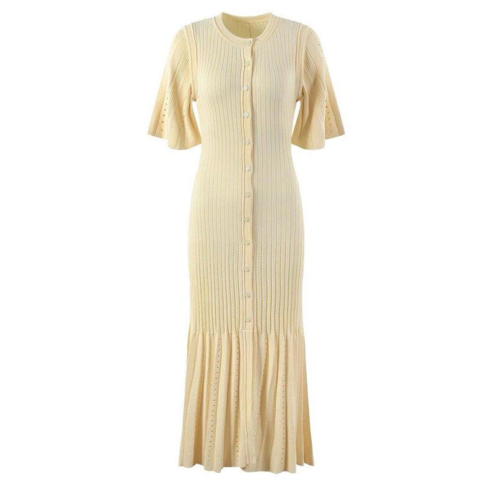 Women's Rib Sandor Elegant Front Button Dress in Beige