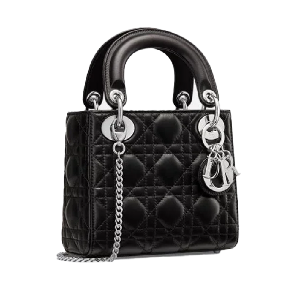Lady Dior 17cm Small Handbag with Top Handles in Black with Silver