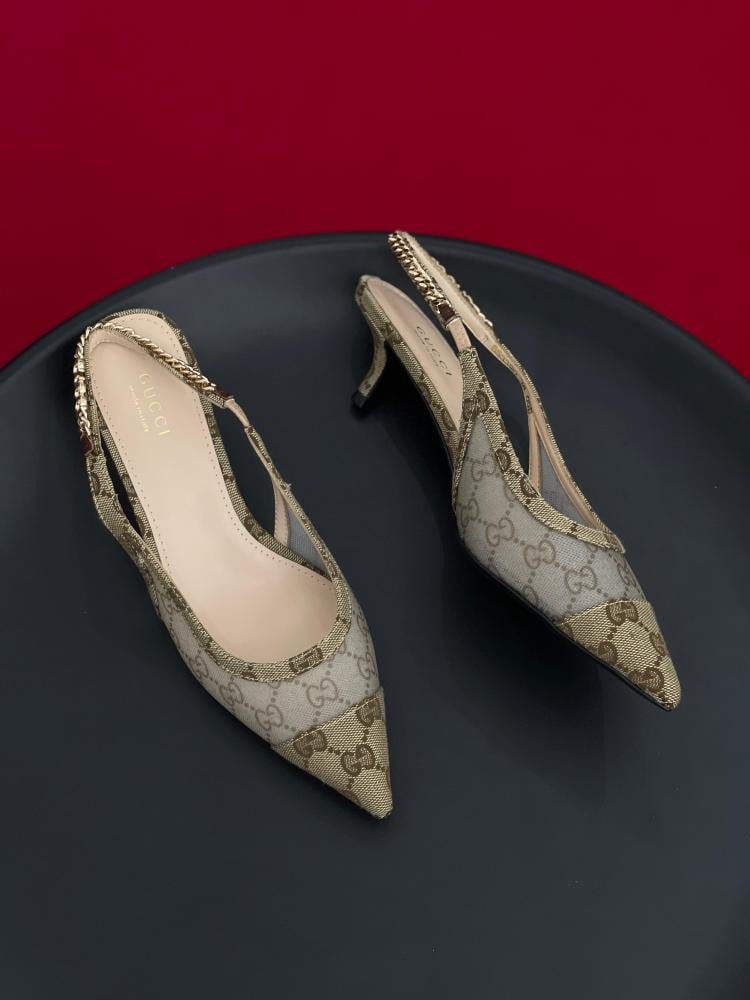 Gucci Beige Brown GG Print Low Heel Slingback Sandal