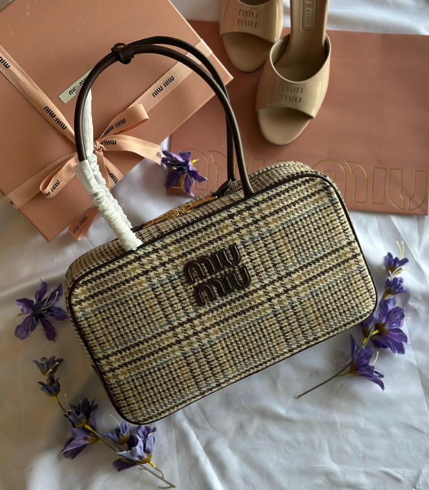 Miu Miu Checked 34CM Handbag with Top Handles and Zipper - E-SEVEN